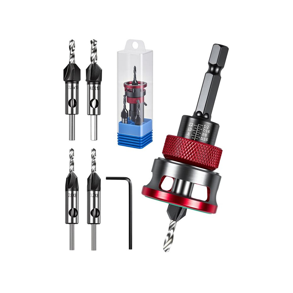 7 Pcs Countersink Drill Bits Set, 4Pcs Four-Flute Hss M2 Tapered Drill Bits And Adjustable Depth Stop Collar 4711310604050
