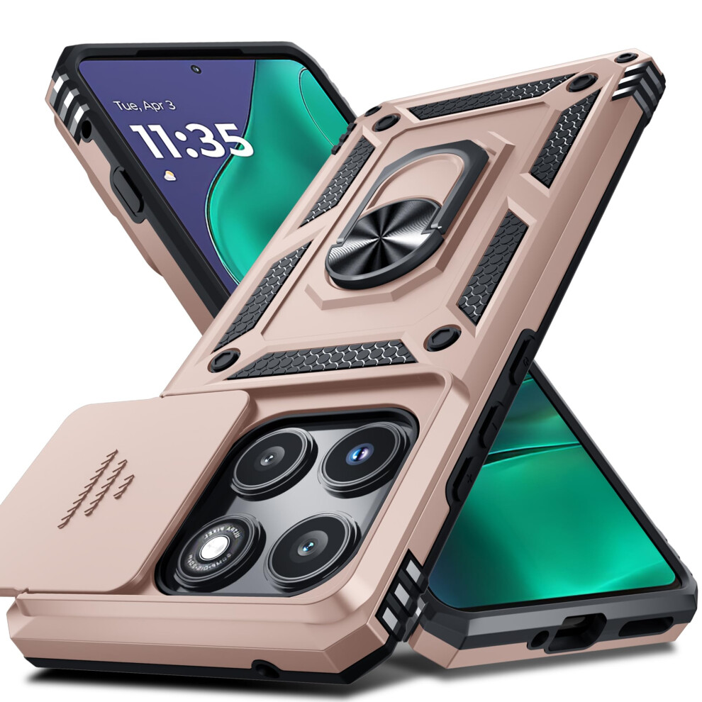 Case For Motorola Edge 2025 With Slide Camera Lens Cover, 360 Ring Kickstand, Magnetic Car Mount, Shockproof Dual Layer Protection, Rose Gold 9771547737773