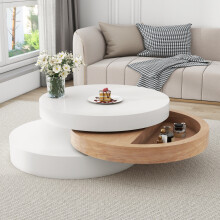 360 Rotating Round Coffee Table with Hidden Storage, White + Wood, 60x60x35.1cm