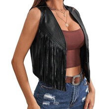 Women Faux Leather Fringe Vest 70s Hippie Outfit- Black XL