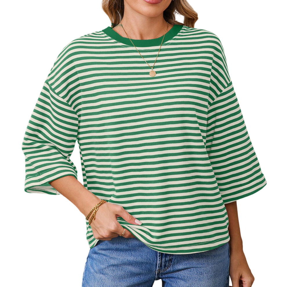 Women's Summer T-Shirt, Short Sleeve, Striped, Crew-Green XL