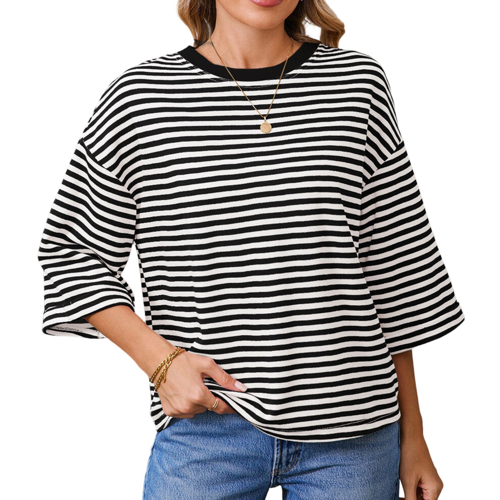 Women's Summer T-Shirt, Short Sleeve, Striped, Crew-Black L