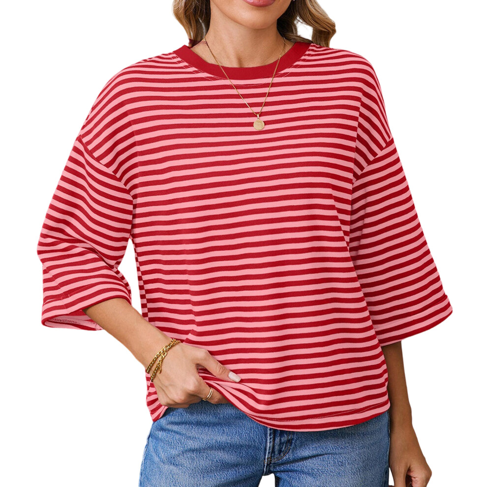 Women's Summer T-Shirt, Short Sleeve, Striped, Crew-red pink S