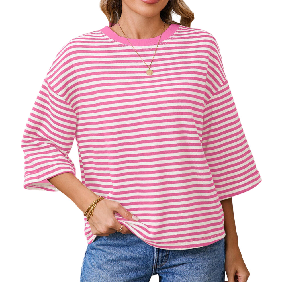 Women's Summer T-Shirt, Short Sleeve, Striped, Crew-Pink XL