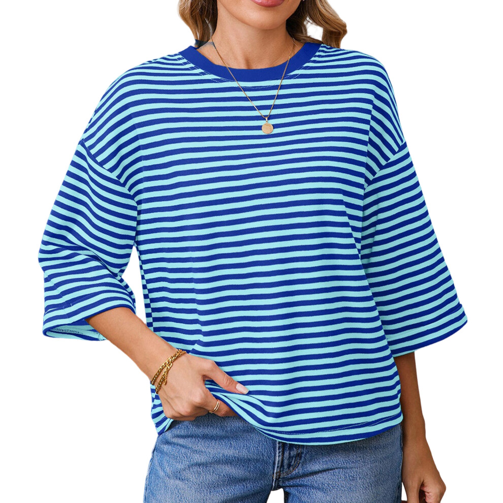 Women's Summer T-Shirt, Short Sleeve, Striped, Crew-Blue XL