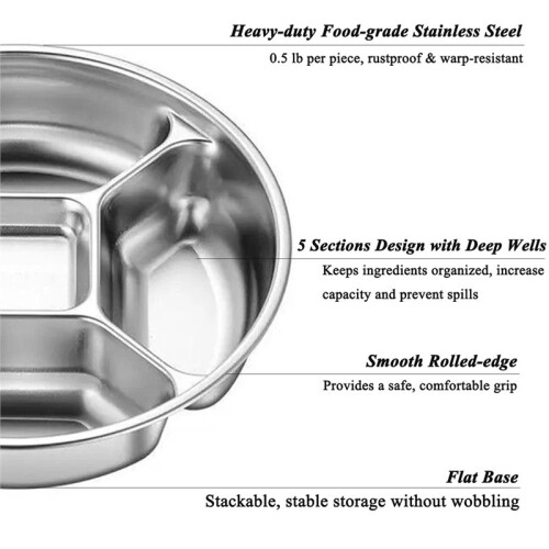 2-Pack Stainless Steel Divided Plates, 5-Section Unbreakable Metal Serving Tray 1