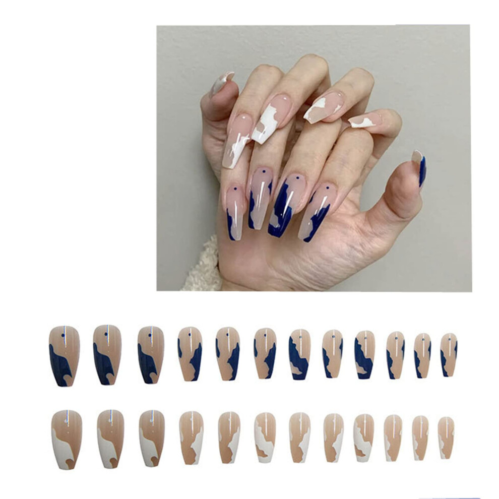 24 Pcs Long French Press on Nails with Rhinestones, Ballet Shape Fake Acrylic Nails Set with Glue