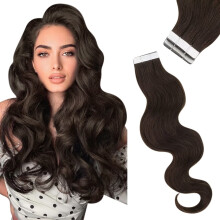 16 Inch Dark Brown Tape in Hair Extensions Remy Human Hair Body Wave with Invisible Seam Reusable