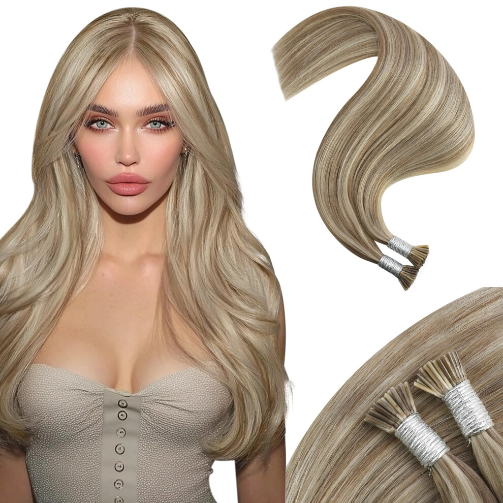 Unisex Brown,Silver Itip Hair Extensions Human Hair 22 Inch Brown Highlight Platinum Blonde Remy Keratin Tip
