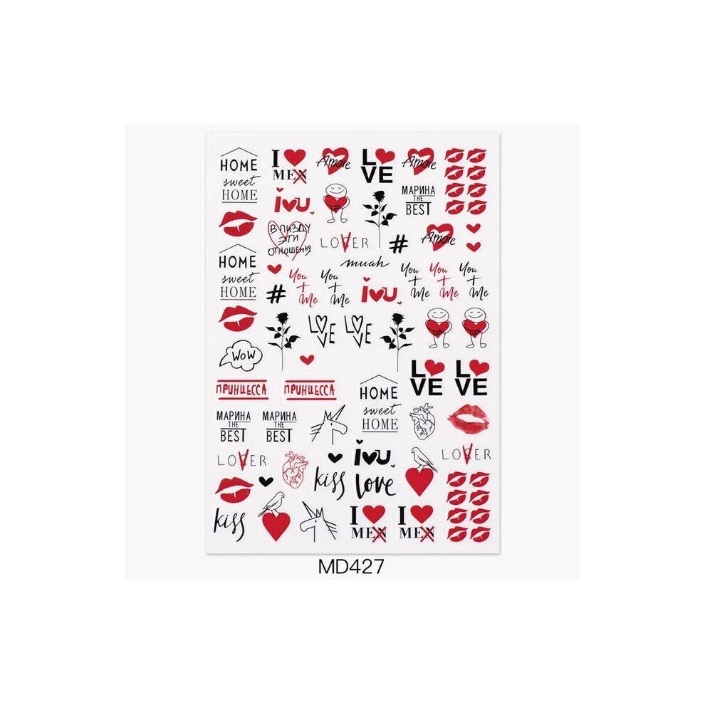3D Nail Stickers Black and White Romantic Love Heart and Lips Decals for Valentine Mani Q49644