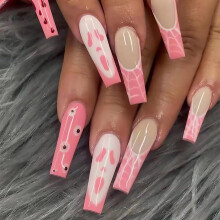 Halloween Press On Nails Coffin Long Pink French Tip with Spider Web and Ghost Design 24pcs Set