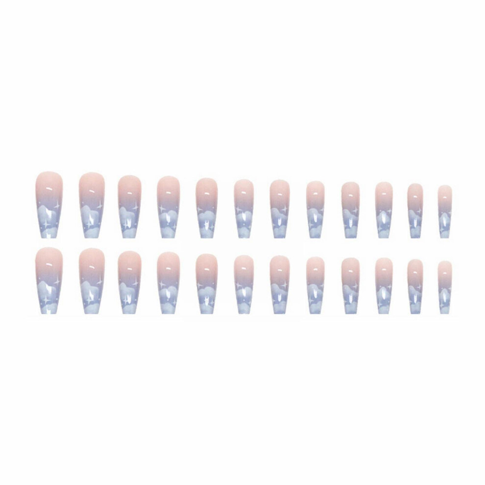 Blue Long Press On Nails Gradient Cloud Acrylic False Nail Tips With Glue Salonquality Finish