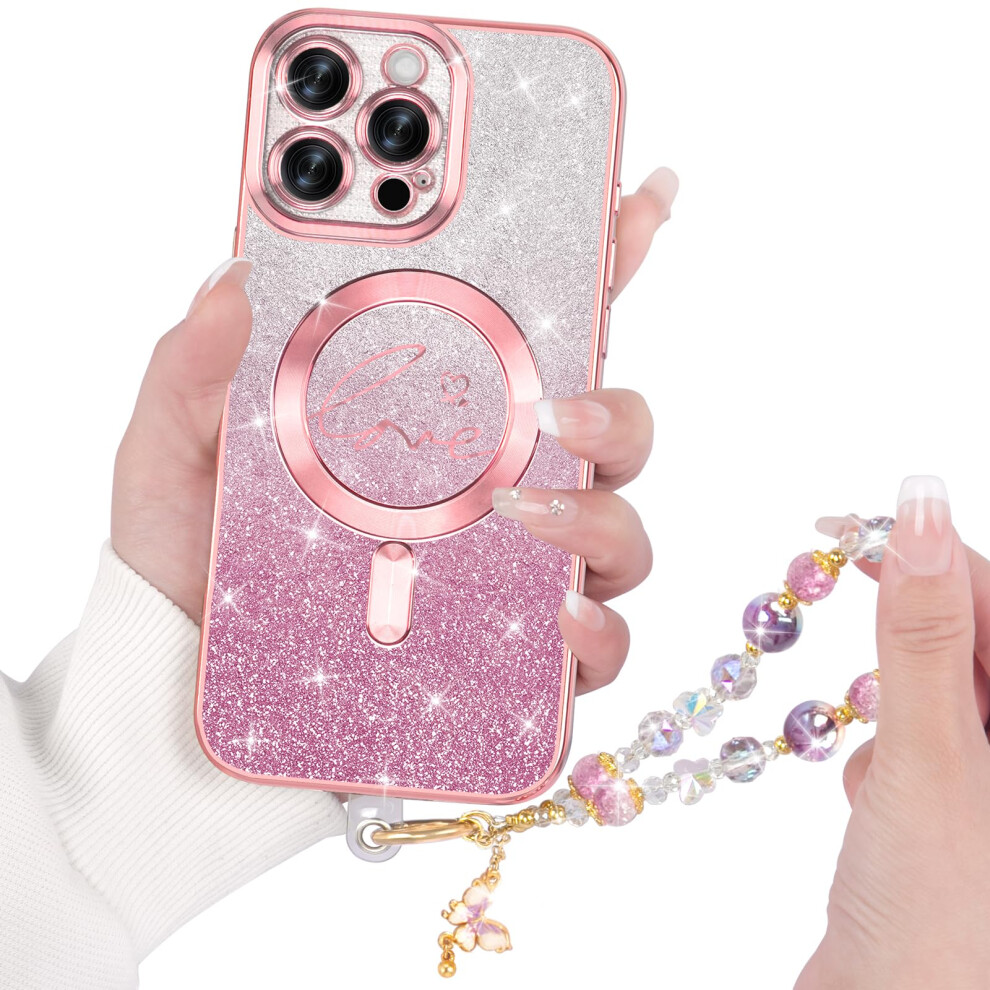 Glitter Case Rose Compatible With Magsafe For Iphone 15 Pro Max, Shockproof Magnetic Clear Cover With Wrist Strap For Women Gold 9092120367027