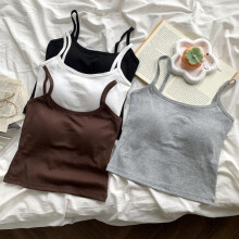 (black, One size fits all) Cotton Cami Top Seamless Built-in Bra Tank Short Sleeveless Shirt Solid Color Versatile Layering Underwear