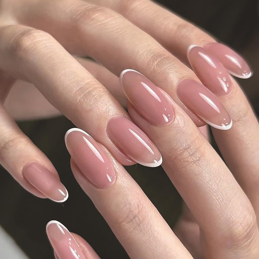 Almond Shaped Press on Nails Pink and White French Tip Fake Nails with Glossy Salon Finish 24Pcs
