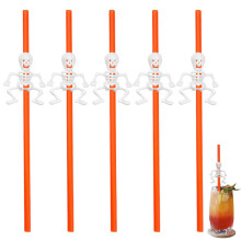 Reusable Orange Skeleton Drinking Straws for Halloween Party, Extra Long Gothic Skull Design, 5 Pcs