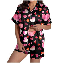 Women's Valentine's Day Pajama Set: Satin Heart-pink black XXL