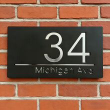 (Black&silver, 31cm*16cm) Placa de número de casa 2D plana, personalizada, grabada con láser