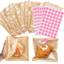 100 Ct Heat Sealable Bakery Bags with Clear Window for Cookies Pastries Donuts, Grease‑Resistant Kraft Paper Bags