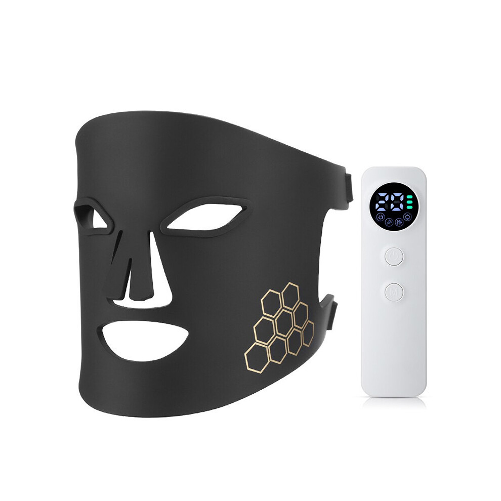 (M01 Infrared Face Mask - Black) Red light beauty mask & LED neck massager. Photon skin rejuvenation for home use. Silicone mask. Therapeutic glow.