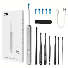 (C6 White + 8-piece set) Limpiador de oídos visual de alta definición con luz integrada en el teléfono, una maravilla para la limpieza de oídos.