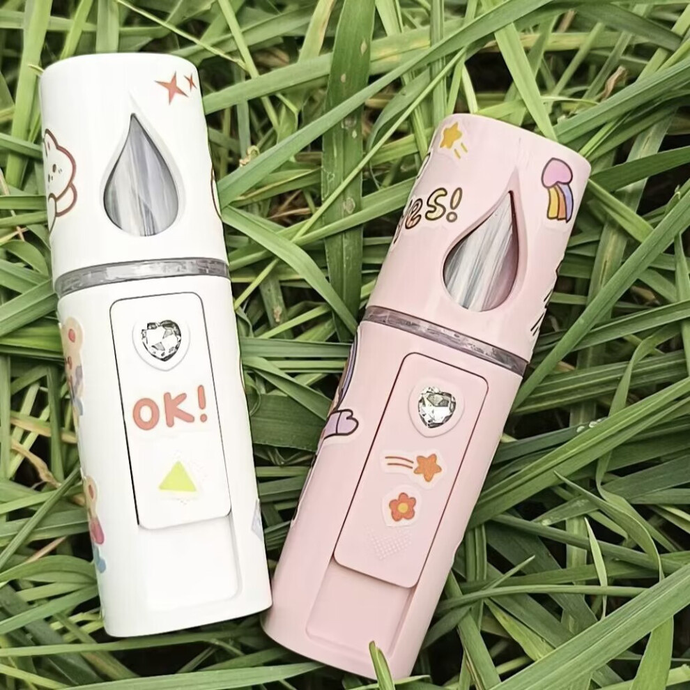 (Pink mirror) Cute Nano Spray Moisturizing Device for Students, Portable, Rechargeable, Small Handheld Facial Steamer with Cooling Spray