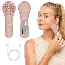 (pink) Cepillo facial ultrasónico recargable de silicona: calor, masaje y limpieza profunda. Resistente al agua.