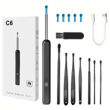 (C6 Black + 8-piece set) Limpiador de oídos visual de alta definición con luz integrada en el teléfono, una maravilla para la limpieza de oídos.