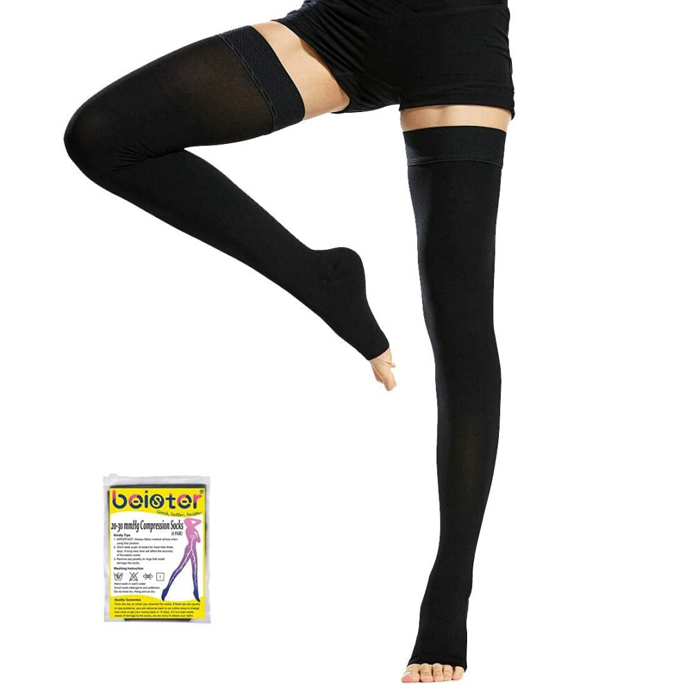 Black 2030 Mmhg Thigh Open Toe Medical Compression Stockings With Silicone Band For Varicose Veins