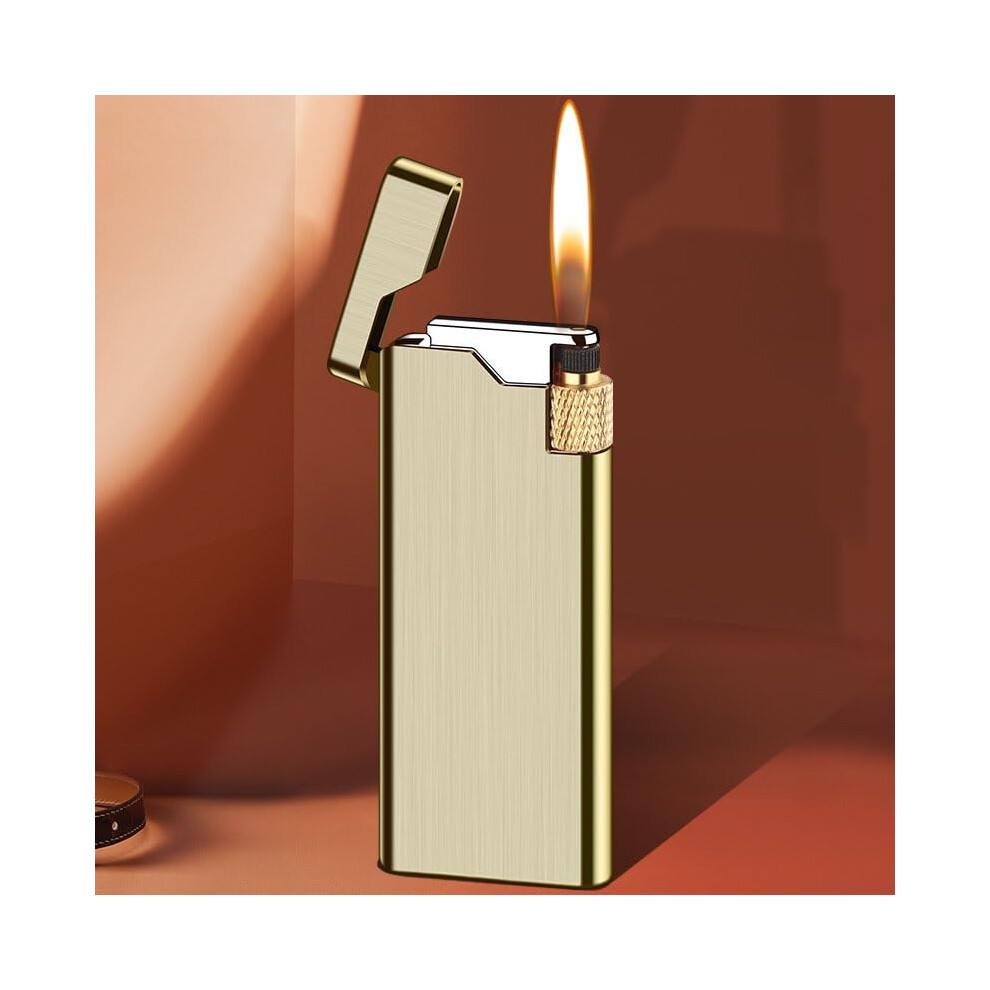 Gold Retro Butane Lighter Ultra Thin Metal Refillable Soft Flame With Flint Wheel Brushed Finish