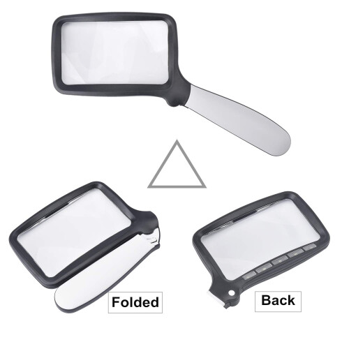 2X LED Magnifying Glass with Large Rectangular Lens, Bright Illumination, Foldable Handle for Reading Seniors 1