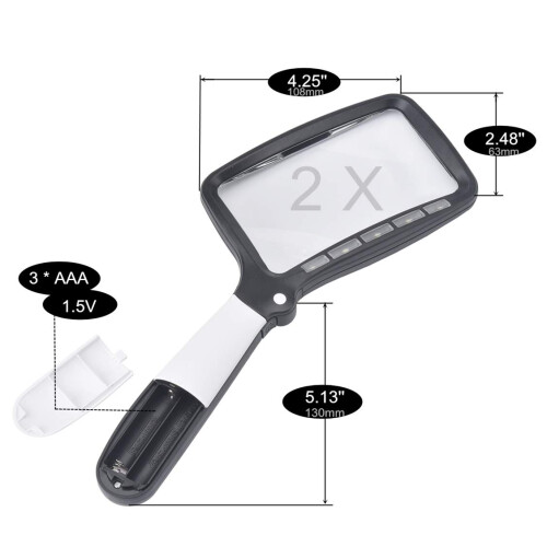 2X LED Magnifying Glass with Large Rectangular Lens, Bright Illumination, Foldable Handle for Reading Seniors 2