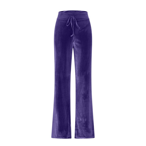 Womens Wide Leg Velure Pants Solid Color Elastic-Burgundy S 1