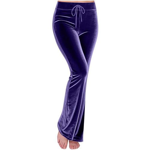 Womens Wide Leg Velure Pants Solid Color Elastic-Burgundy S 2