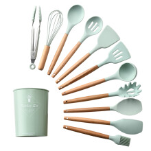 Utensilios de cocina antiadherentes con mango de madera, juego completo de utensilios de cocina con diseño multifuncional, cabezal de silico
