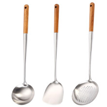Escolha do Chef: Utensílio de Cozinha em Aço Inoxidável com Cabo de Madeira, Escumadeira e Colher Vazada para Facilitar o Manuseio dos Alimentos,