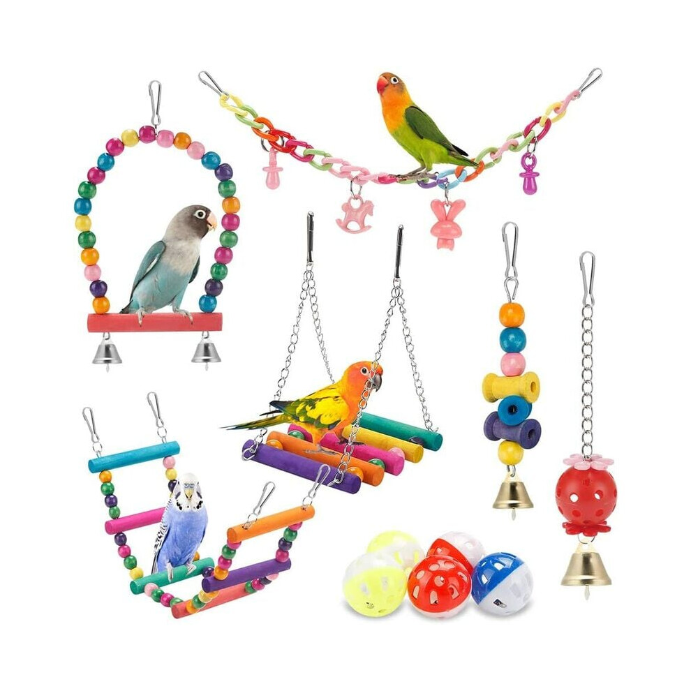 Bird Toys Compatible With Parrot, Conure, Lovebird: Bite-Resistant, Wooden Perch, Coconut House, Chew Toys, Vibrant Colors, 11 Pieces Set Co 3564946425367