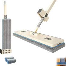 360 Rotating Microfiber Flat Mop with Stainless Steel Handle, Wet and Dry Use, 2 Reusable Pads (White)