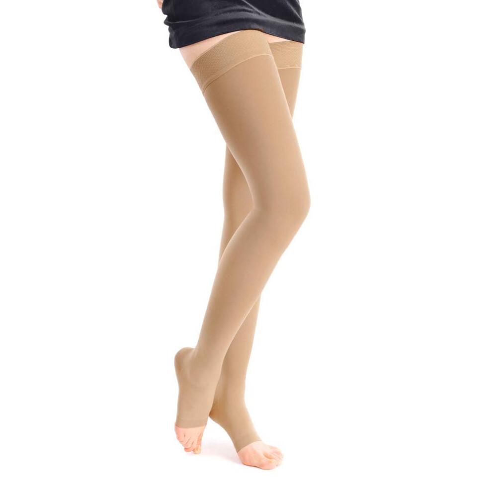 2030 mmHg Thigh  Compression Stockings for Women and Men, Firm Graduated Support with Nonslip Silicone Band and Open Toe Design