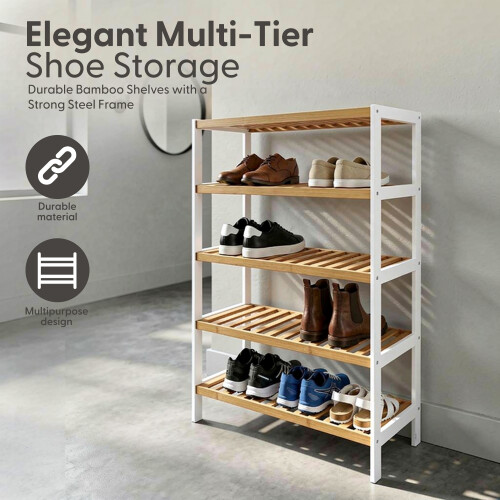 KEPLIN 5 Tier Natural Bamboo Shoe Rack Easy Assembly, White and Natural 2