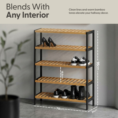 KEPLIN 5 Tier Natural Bamboo Shoe Rack Easy Assembly, Black and Natural 1