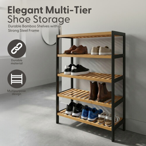 KEPLIN 5 Tier Natural Bamboo Shoe Rack Easy Assembly, Black and Natural 2