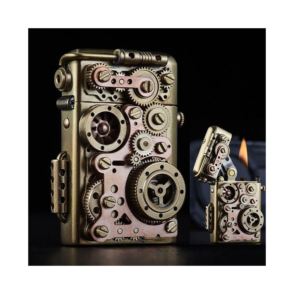 Steampunk Lighter Brass Copper Refillable Kerosene Gear Flip Vintage Trench Lighter Gift Box