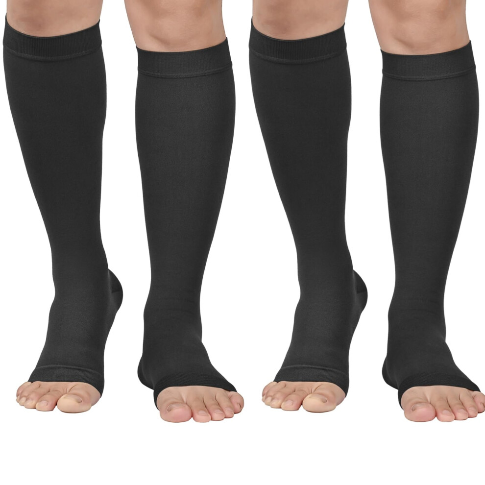 Black 2030 Mmhg Medical Compression Socks, Open Toe Knee Stockings For Varicose Veins, Wide Calf Xxlarge