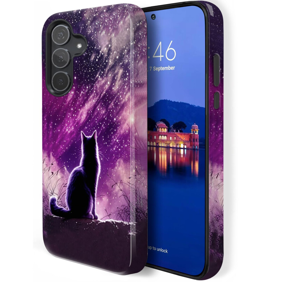 Cute Cat Nebula Case For Samsung Galaxy S24 Fe, Duallayer Shockproof Heavy Duty Cover, Wireless Charging Compatible 9330225211365