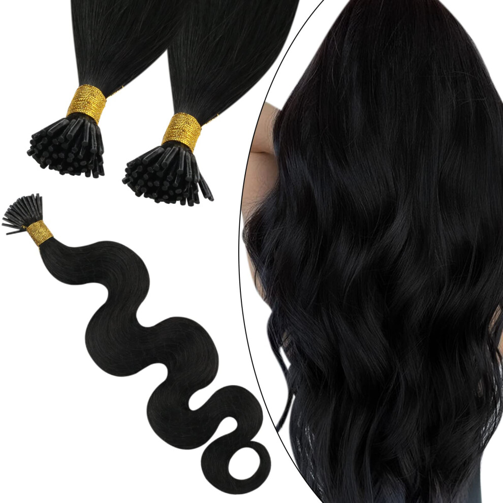 Unisex Black Body Wave I Tip Human Hair Extensions 18 Inch Real Human Hair Keratin Bonded #1B Off 50 Strands