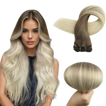 20 Inch Balayage Brown to Platinum Blonde Human Hair Weft Extensions, 100% Remy Double Weft for Sew In and Styling