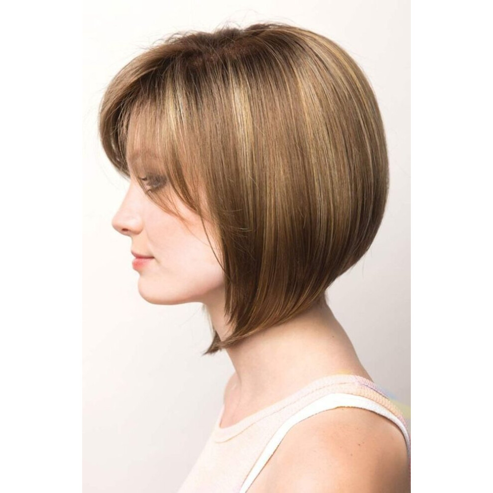 Unisex Brown 14 Inch Glueless Lace Front Human Hair Bob Wig Pre Plucked Honey Blonde Highlight Balayage