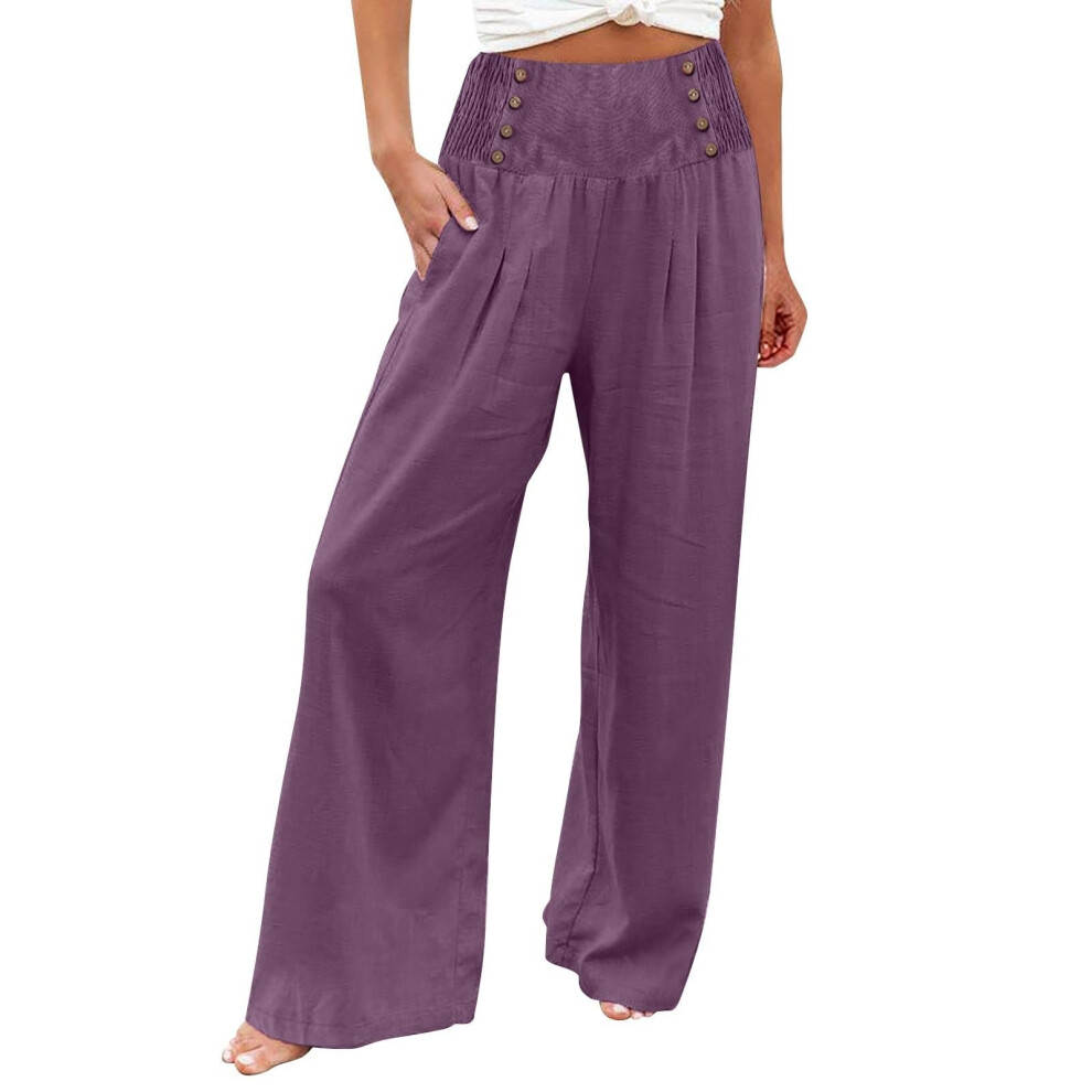 Women's linen wide-leg trousers, summer bohemian-Purple XXL