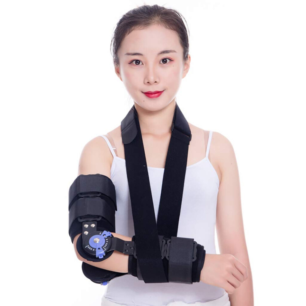 Black Adjustable Hinged Elbow Brace With Range Control, Post Op Elbow Support For Arm Injury Recovery